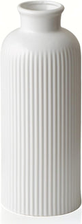 White Ribbed Ceramic Vase for Flowers, Modern Textured Decorative Vase, 10 Inch Tall, Farmhouse Style Home Decor (Matte Glaze White)
