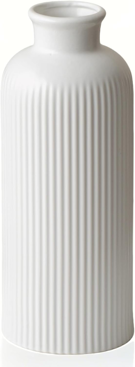 White Ribbed Ceramic Vase for Flowers, Modern Textured Decorative Vase, 10 Inch Tall, Farmhouse Style Home Decor (Matte Glaze White)