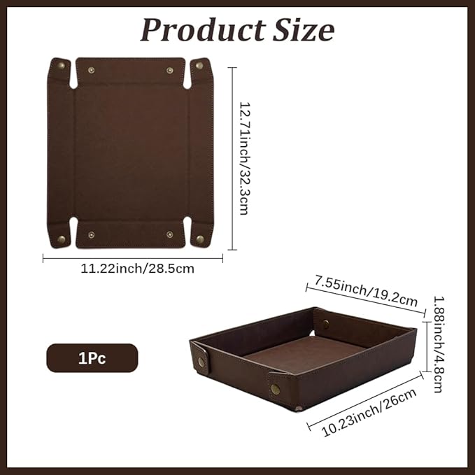 Foldable PU Leather Valet Tray Catchall Travel Dish Plate Dark Brown Leather Jewelry Storage Case Necklace Pendant Organizer Holder Container for Men Women Desk Bedside Drawers
