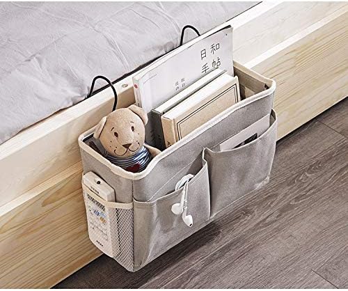 Bedside Caddy,Hanging Basket Bedside Organizer Storage for College Bunk Dorm Rooms Hospital Beds Rails,Grey Canvas Sturdy Iron Frame with Side Mesh Pocket for Glasses Books Phones Keys Cable