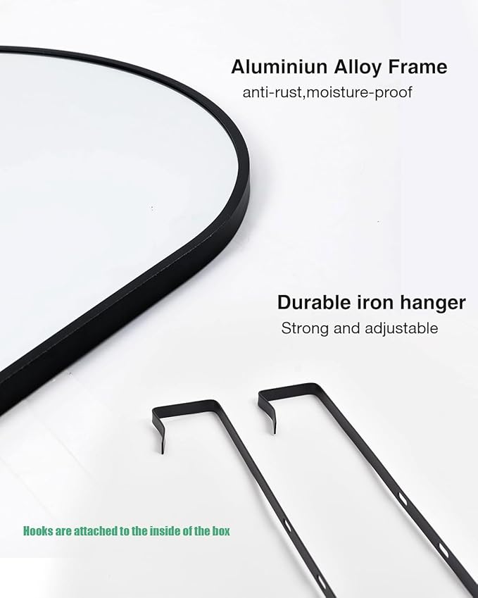 Full Length Mirror 48x14 Inches - Over The Door Hanging Mirror for Bedroom, Living Room, Closet - Arch Floor Mirror, Door Mirror with Black Frame - No Drill Easy Install