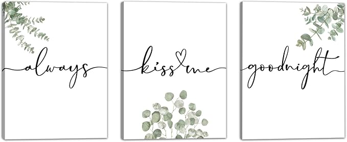 1 KINGO Always Kiss Me Goodnight Bedroom Wall Art: Set of 3 Boho Botanical Wall Decor Canvas Prints 12"x16", Sage Green Eucalyptus Pictures Decor Over The Bed for Farmhouse Master Bedroom