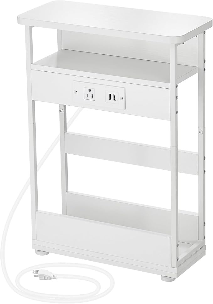 Narrow Side Table with Charging Station, 3-Tier End Table with 2 USB Ports & Power Outlets,Thin Sofa Side Table for Narrow and Small Spaces, Bedside Table Nightstand for Living Room,White