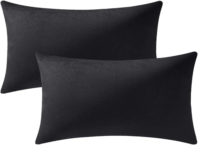 DEZENE Lumbar Pillow Covers 12x20 Black: Pack of 2 Cozy Soft Velvet Rectangular Modern Luxury Decorative Throw Pillow Cases for Sofa Couch Living Room Bed Home Decor