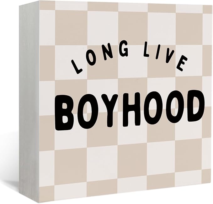 Lacama Boys Room Decor Wooden Box Sign, Long Live Boyhood Decorations Wood Block Signs, Retro Neutral Checkered Wood Sign for Toddler Boys Nursery Room Bedroom Desk Shelf Wall Decor 5x5 In