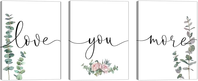 1 KINGO Love You More Wall Art: 12"x16"Love Quotes Bedroom Wall Decor Above Bed, Set of 3 Eucalyptus Wall Art Canvas Prints, Sage Green Botanical Decor for Modern Farmhouse Master Bedroom Living Room