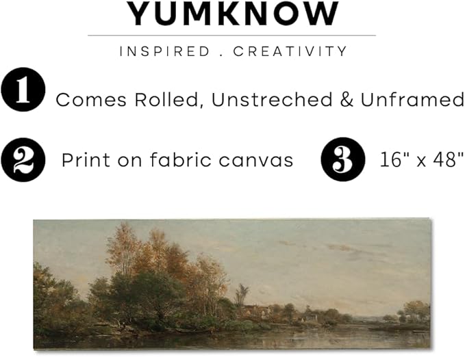 Rolled Canvas Vintage Farmhouse Bedroom Wall Decor Above Bed - Horizontal Wall Art Entryway - 16x48" - Panoramic Landscape Picture Sign - Canvas Lake Autumn Fall Forest River Landscape Print Poster