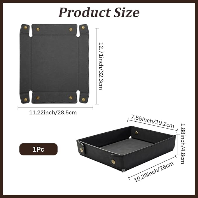 Black PU Leather Jewelry Valet Tray Foldable Leather Necklace Storage Case Portable Catchall Travel Dish Plate Pendant Organizer Holder Container for Men Women Desk Bedside Drawers