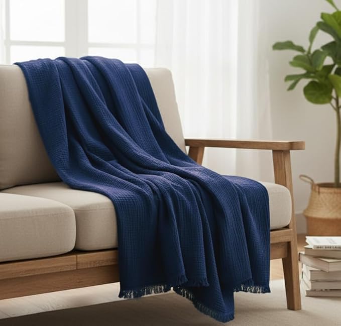 KyraHome Muslin Blankets for Adults, Kids, 60"x80", 100% Organic Cotton Large Cotton Throw Blankets for Couch, Plant Dyed Breathable Lightweight Gauze Blankets, All Season (Navy Blue)