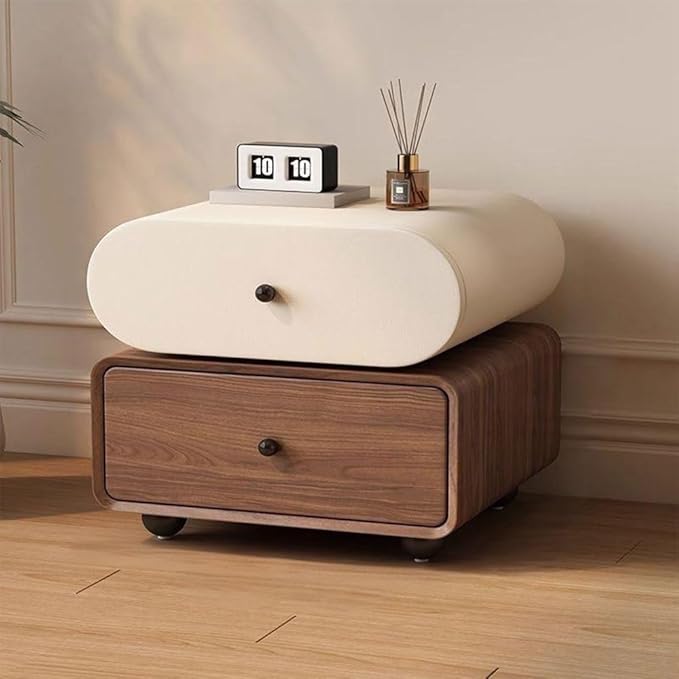 Modern 2-Drawer Nightstand, PU Leather Minimalist Bedside Table, Small Storage Cabinet for Bedroom, Rounded Decorative Side Table(Brown,45cm-17.7in)