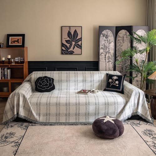 HANDONTIME Couch Cover for Sofa Washable, Checkered Sofa Cover Chic Geometric Design, Pet-Friendly Chenille Furniture Cover for Dogs & Cats Plaid Slip Covers for 3 Cushion Couch (White 71"x118")