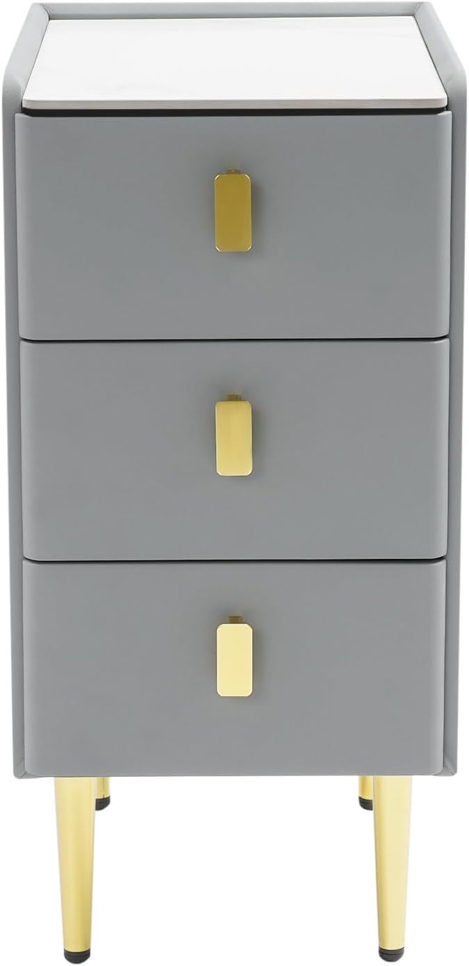 Narrow Nightstand with 3 Drawers, Narrow Side Table End Table Leather Bedside Cabinet Slim Storage Bedside Table for Small Space Bedroom Living Room Dormitories (Grey)