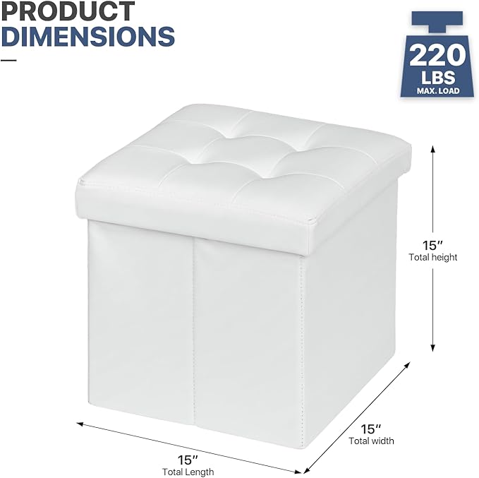MoNiBloom 15 Inch Storage Ottoman Cube, 11 Gal. Folding Ottoman Foot Rest Stool, PU Leather Small Footrest with Storage for Living Room, Bedroom, Entryway, Hallway, White