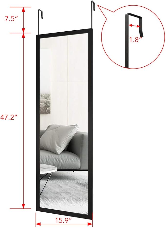 Whitebeach Wall Mirror Full Length Door, Black Bedroom Full Body Over The Door Hanging Mirror 48"16"