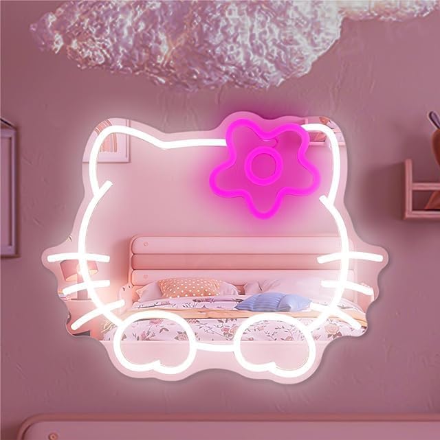 Anime Hello Kit Mirror Neon sign Dimmable Led Neon Mirror Sign for Dresser indoor Room Decor Cat Wall Neon Light Up Sign Bedroom Wall Gifts