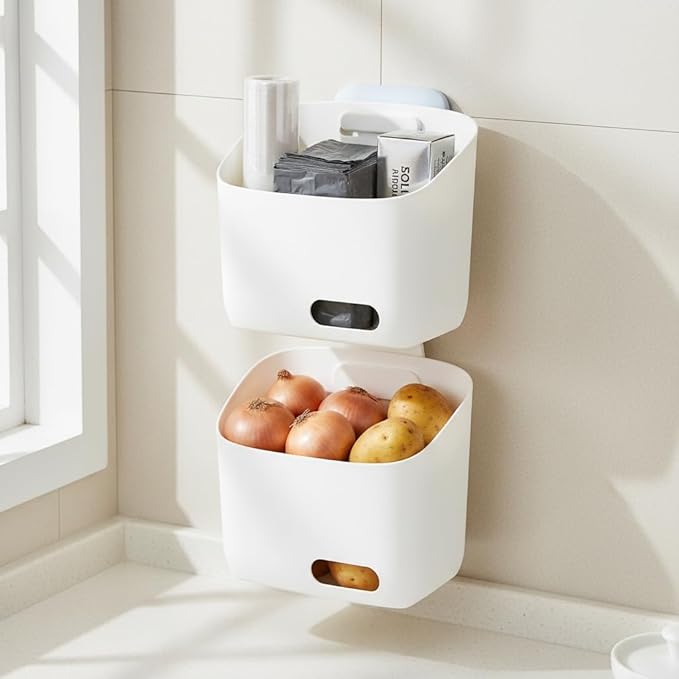 LeleCAT Plastic Hanging Basket Kitchen Storage organizer, Basket with Detachable hook, Hang it behind a door or on a railing, Over the Cabinet Door (Light White, Large) 2pack