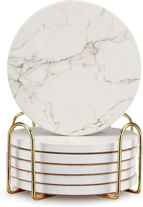 6 Pack White Marble Coaster Set with Holder Absorbent Drink Coasters Ceramic Cute Coaster Bar Dining Coffee Table Accessories Decor Gift Funny Cup Stone Modern Costers Cool Desk Beer Cork Coasters