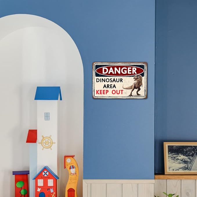 Funny Dinosaur Signs Wall Decoration Boys Bedroom Decor Retro Caution Metal Sign Dinosaur Poster Theme Dinosaur Room Decor Kids Gift Bathroom Cave Dinosaur Accessories Decorations 12x8 Inch