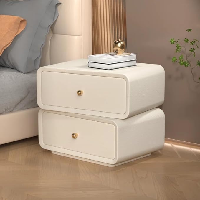 360° Rotating Nightstand – Handcrafted Solid Wood & Leather Bedside Table with Dual Storage Drawers for Modern Home Decor (White)