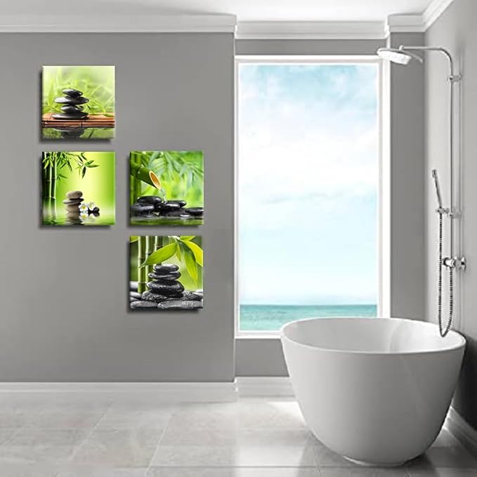 Bamdeya Bathroom Wall Decor Zen Canvas Prints Meditation Picture Painting Green Room Decor Bedroom Wall Art Living Room Yoga Spa Office Artwork Posters Prints Framed Home Decorations12x12x4pcs