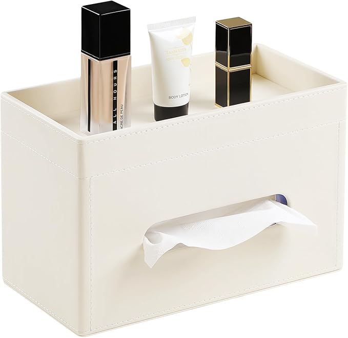 Plus Size Tissue Box Cover Rectangle, PU Leather Tissue Box Holder with Storage Tray, Decorative Organizer Tissue Holder for Bathroom, Bedroom Dresser, Night Stand, Office (Beige)