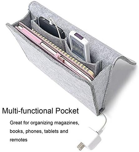 Fengtaike Useful Multi Grey Bed Storage Pockets Felt Bedside Hanging Storage Phone Remote Control Organizer Holder with 2 Inner Pockets for Bed Table Sofa