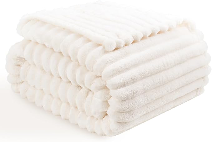 Vessia Flannel Fleece Throw Blanket for Couch,Sofa,Bed, 300GSM Striped Cream Throw Blanket for Adults and Kids, Super Soft Warm Cozy Lightweight Home Decor for All-Season(50x70inch)