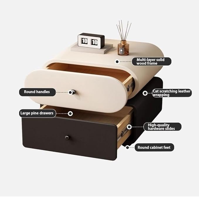 Modern 2-Drawer Nightstand, PU Leather Minimalist Bedside Table, Small Storage Cabinet for Bedroom, Rounded Decorative Side Table(Brown,45cm-17.7in)