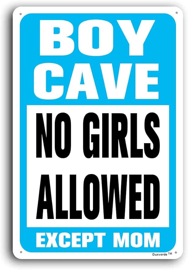 12"x16" Aluminum Sign, Boy Cave Signs No Girls Allowed Except Mom Sign, Blue Metal Sign for Little Man Cave Bedroom Living Room Wall Decor