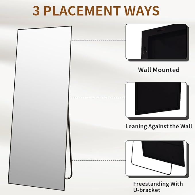 VooBang 68" x 22" Full Length Mirror, Floor Body Mirror with Stand Aluminum Alloy Frame, Standing Hanging or Leaning for Bedroom Living Room, Black