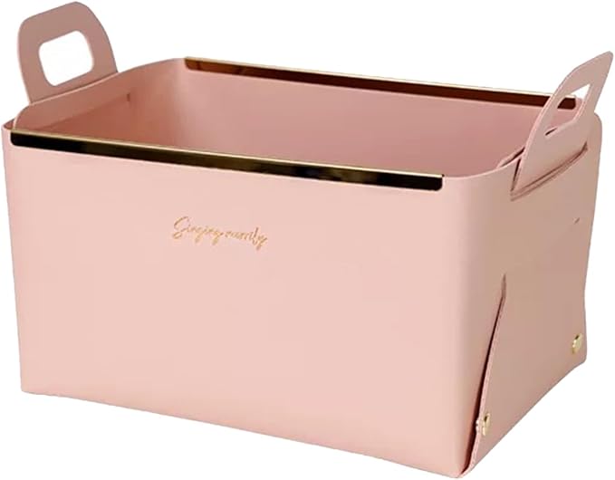 Decorative Faux Leather Basket,Small Catchall Basket for Entryway Bedside Dresser End table,Collapsible Rectangle Tray Organizer Box (Pink)