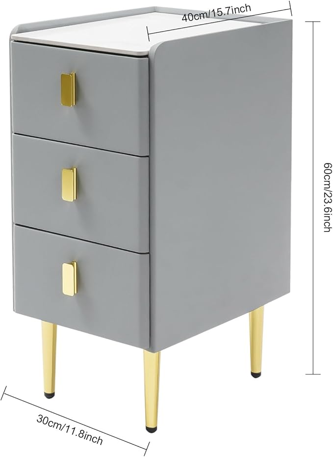 Narrow Nightstand with 3 Drawers, Narrow Side Table End Table Leather Bedside Cabinet Slim Storage Bedside Table for Small Space Bedroom Living Room Dormitories (Grey)