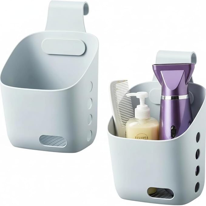LeleCAT Plastic Hanging Basket Kitchen Storage organizer, Basket with Detachable hook, Hang it behind a door or on a railing, Over the Cabinet Door (Grey, Small-2 Pack)