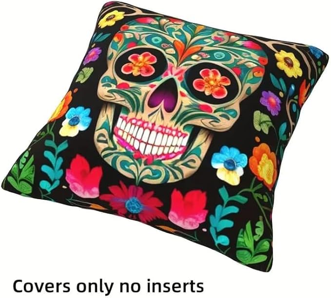 Set of 4 Day of The Dead Skull Linen Pillow Covers 18x18inch, Mexican Style Throw Pillowcase Dia De Los Muertos Decorative Skull with Colorful Floral Cushion Cover for Halloween Outdoor Home Bed Sofa