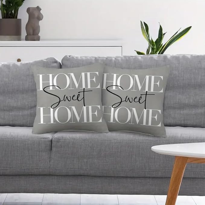 2pcs Modern Home Sweet Home Throw Pillow Cover, Decorative Gray Cushion Case with Typography Design, Square，18x18 Pillows Linen Pillowcase