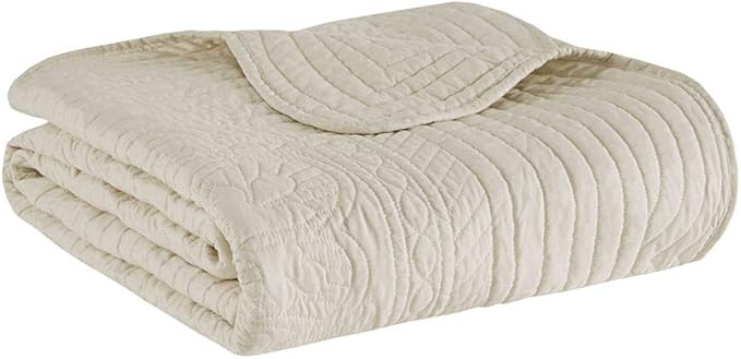 Madison Park Luxe Quilted Throw Blanket - Damask Stitching Design, Cotton Filled Spread, Ultra Soft, Cozy Bedding for Living Room Couch, Sofa, Bed, 60x72", Scalloped Borders Cream