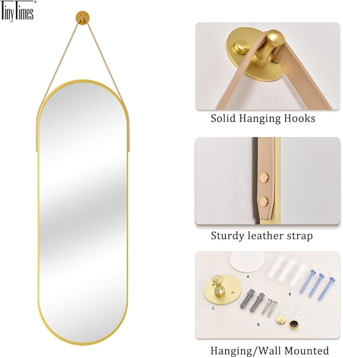 TinyTimes 48"x16" Hanging Mirror with Leather Strap,Oval Full Length Mirror with Aluminum Frame Wall-Mounted Hanging Mirrors for Bathroom Vanity Living Room Bedroom Entryway Decor, Gold