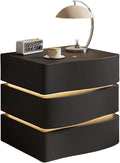 Modern Nightstand with LED Light, Leather Night Stand with Drawer, Solid Wood Bedside Table (3 Drawers, Black)