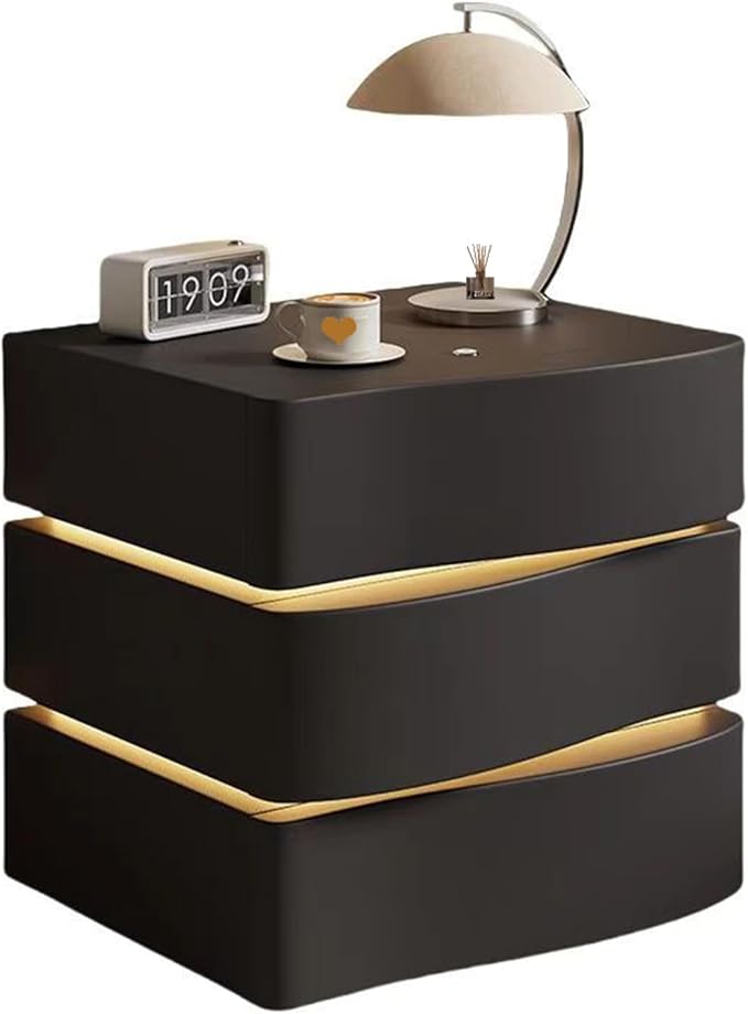Modern Nightstand with LED Light, Leather Night Stand with Drawer, Solid Wood Bedside Table (3 Drawers, Black)