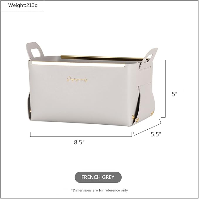 Decorative Faux Leather Basket,Small Catchall Basket for Entryway Bedside Dresser End table,Collapsible Rectangle Tray Organizer Box (Light Grey)