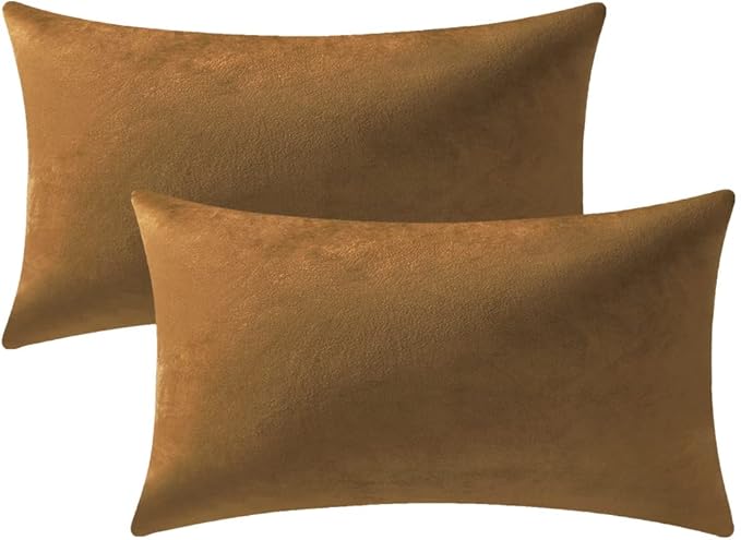 DEZENE Lumbar Pillow Covers 12x20 Golden Brown: Pack of 2 Cozy Soft Velvet Rectangular Modern Luxury Decorative Throw Pillow Cases for Sofa Couch Living Room Bed Home Decor