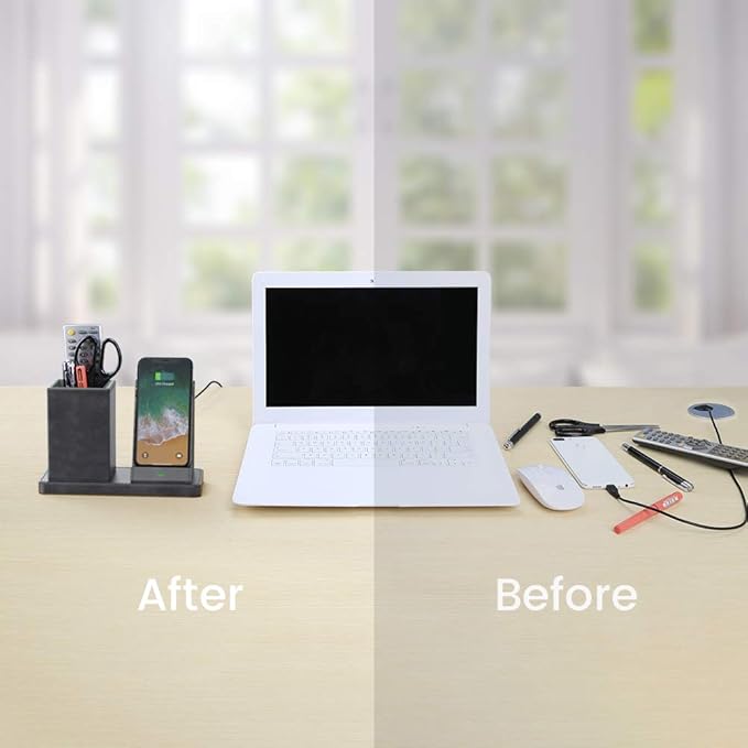 KINGFOM PU Leather Desk Organizer Pen Pencil Holder with Wireless Charger Stand, 10W Fast Wireless-Charging for iPhone 11, 11 Pro, 11 Pro Max, XR, Xs Max, XS, X, 8, 8 Plus(Gray)