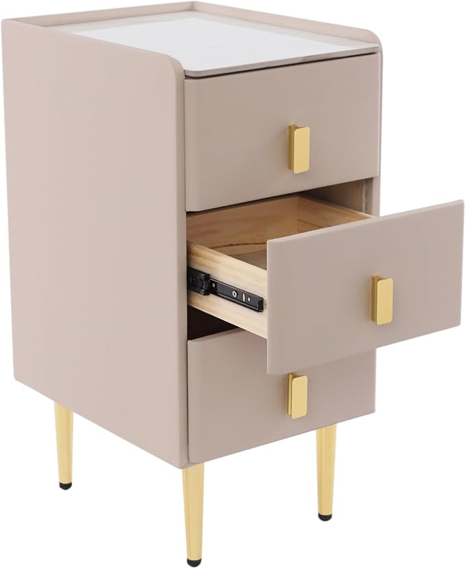 Narrow Nightstand with 3 Drawers, Narrow Side Table End Table Leather Bedside Cabinet Slim Storage Bedside Table for Small Space Bedroom Living Room Dormitories (Pink)