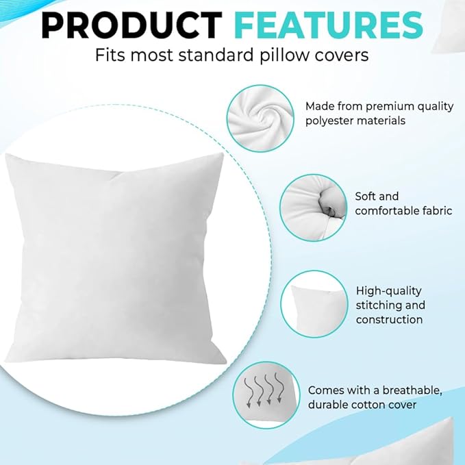 QUBA LINEN Throw Pillow Inserts (Set of 2, White), 16x16 Inches - Premium Cushion Fillers for Sofa, Bed, and Home Décor (16x16 Inch (Pack of 2))