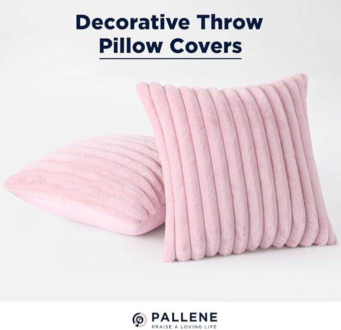Pallene Faux Fur Plush Throw Pillow Covers 20x20 Set of 2, Luxury Soft Fluffy Striped Decorative Pillow Covers for Sofa, Couch, Living Room, Blush Pink