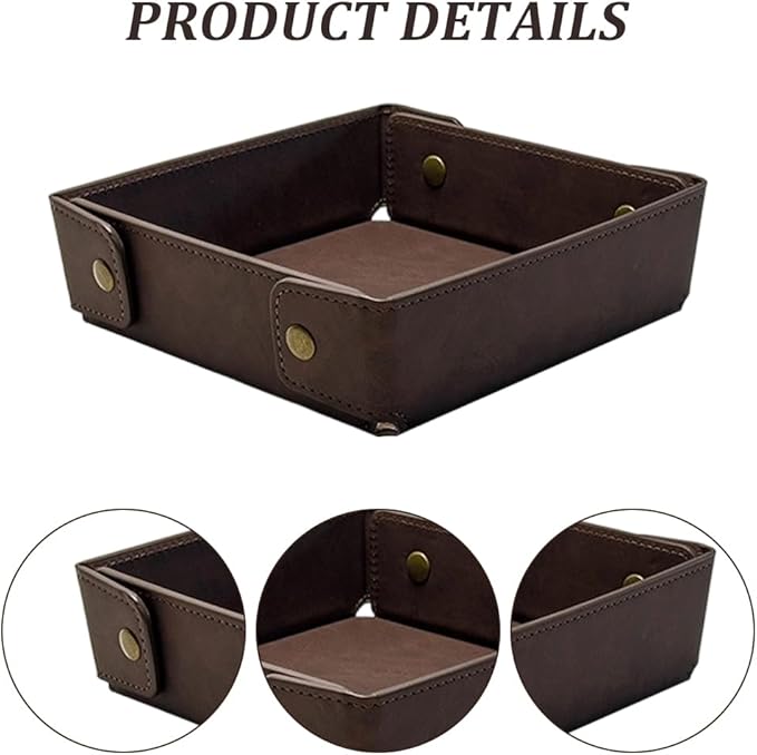PU Leather Valet Tray Foldable Leather Jewelry Storage Case Catchall Travel Dish Plate Dark Brown Necklace Pendant Organizer Holder Container for Men Women Desk Bedside Drawers