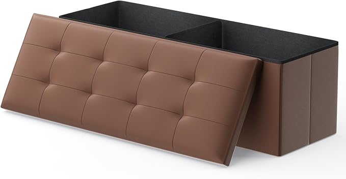 MoNiBloom 43 Inch Storage Ottoman Bench, 34 Gal. Folding Ottoman Footrest, End of Bed Bench, Rectangle Foot Stool, Supports 600 lbs, for Bedroom, Living Room, Entryway, Hallway, Brown