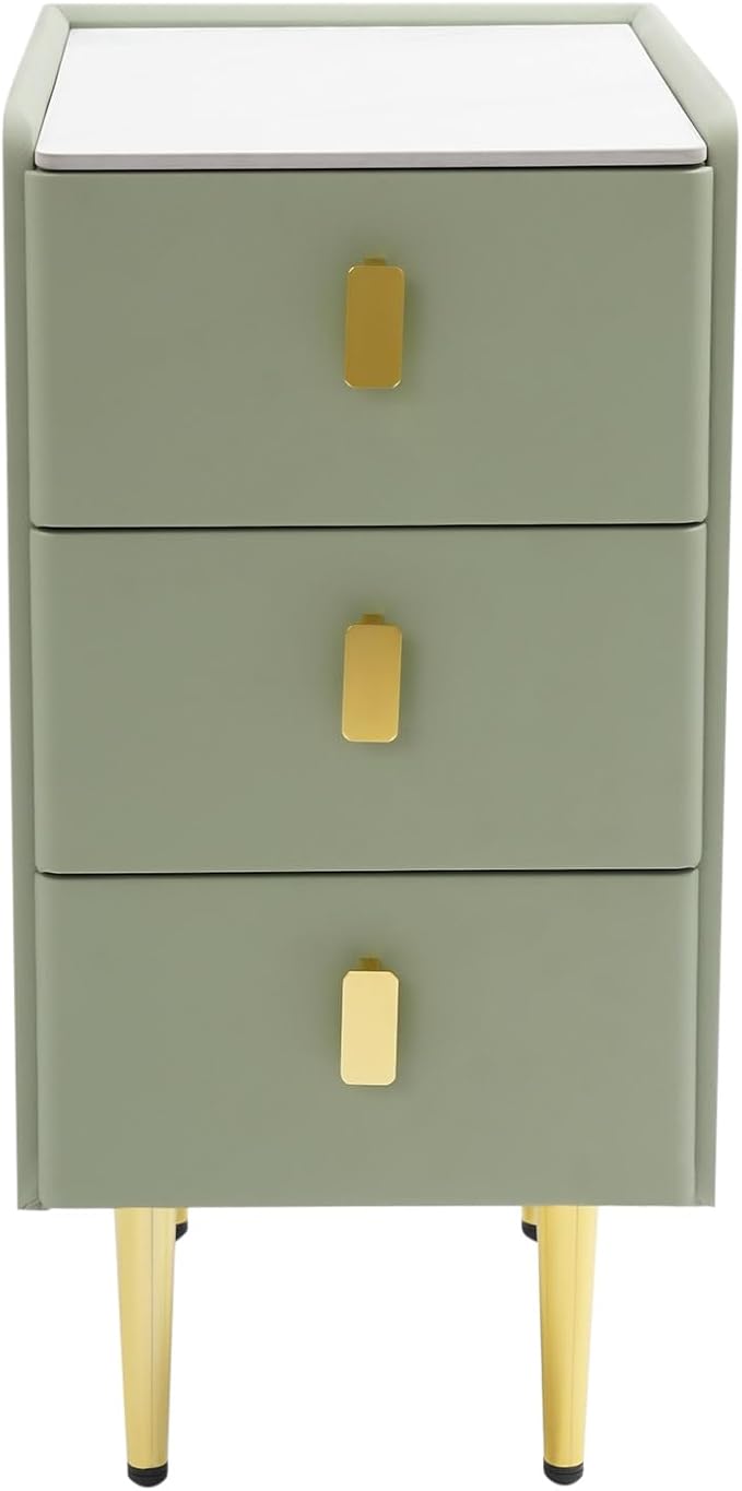 Narrow Nightstand with 3 Drawers, Narrow Side Table End Table Leather Bedside Cabinet Slim Storage Bedside Table for Small Space Bedroom Living Room Dormitories (Green)