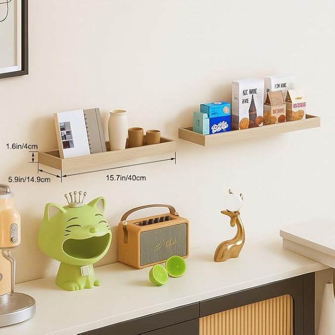 Oak Floating Shelves with Raised Lip, Wooden Wall Shelves for Bedroom Living Room Kitchen, Modern Bathroom Shelves for Wall, Decor Floating Shelves for Storage Display (Set of 2, 15.7 Inch)