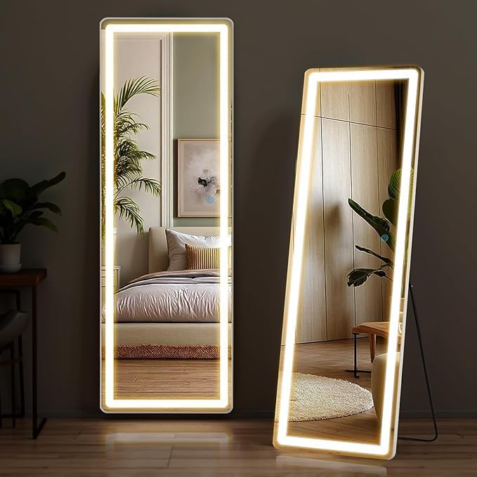 NEWBULIG Full Length Mirror with Stand 16"×60", LED Light Floor Standing with 3 Color Lighting for Bedroom Body Hanging Modern Simple Home Decor Wall Living Room Cloakroom